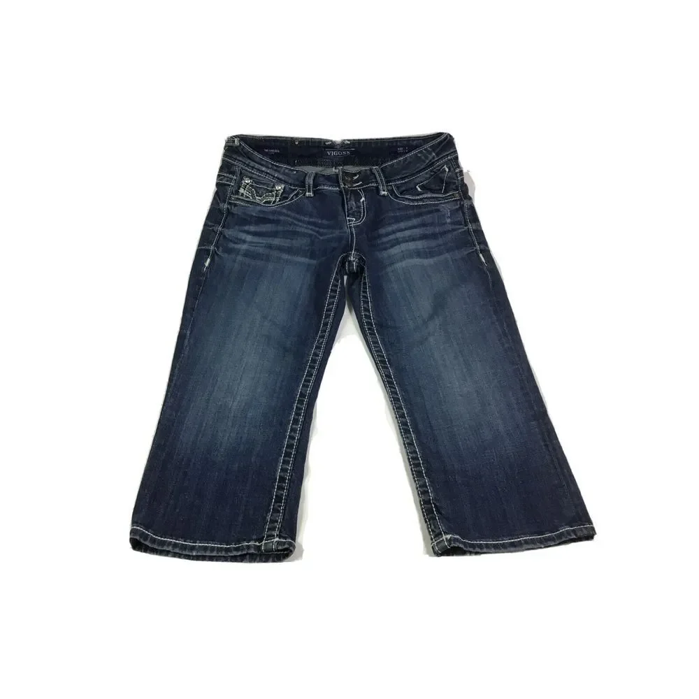 Vigoss Capris Chelsea Womens Sz 7 mid rise stretch distressed denim rhinestones